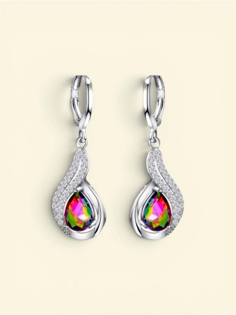 Mystic Rainbow Crystal Teardrop Dangle Earrings Silver Tone